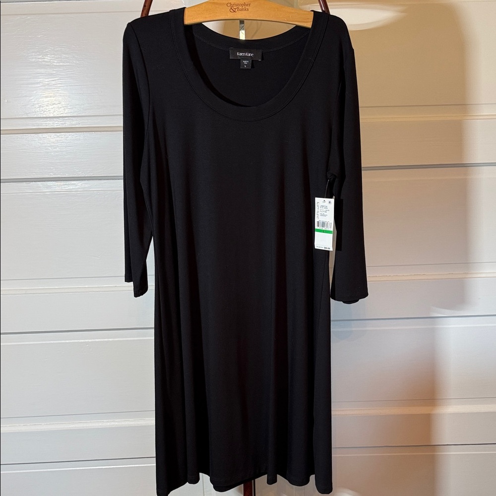 Karen Kane Black Midi Jersey Dress L NWT 3/4 Sleeve Minimalist Capsule Wardrobe